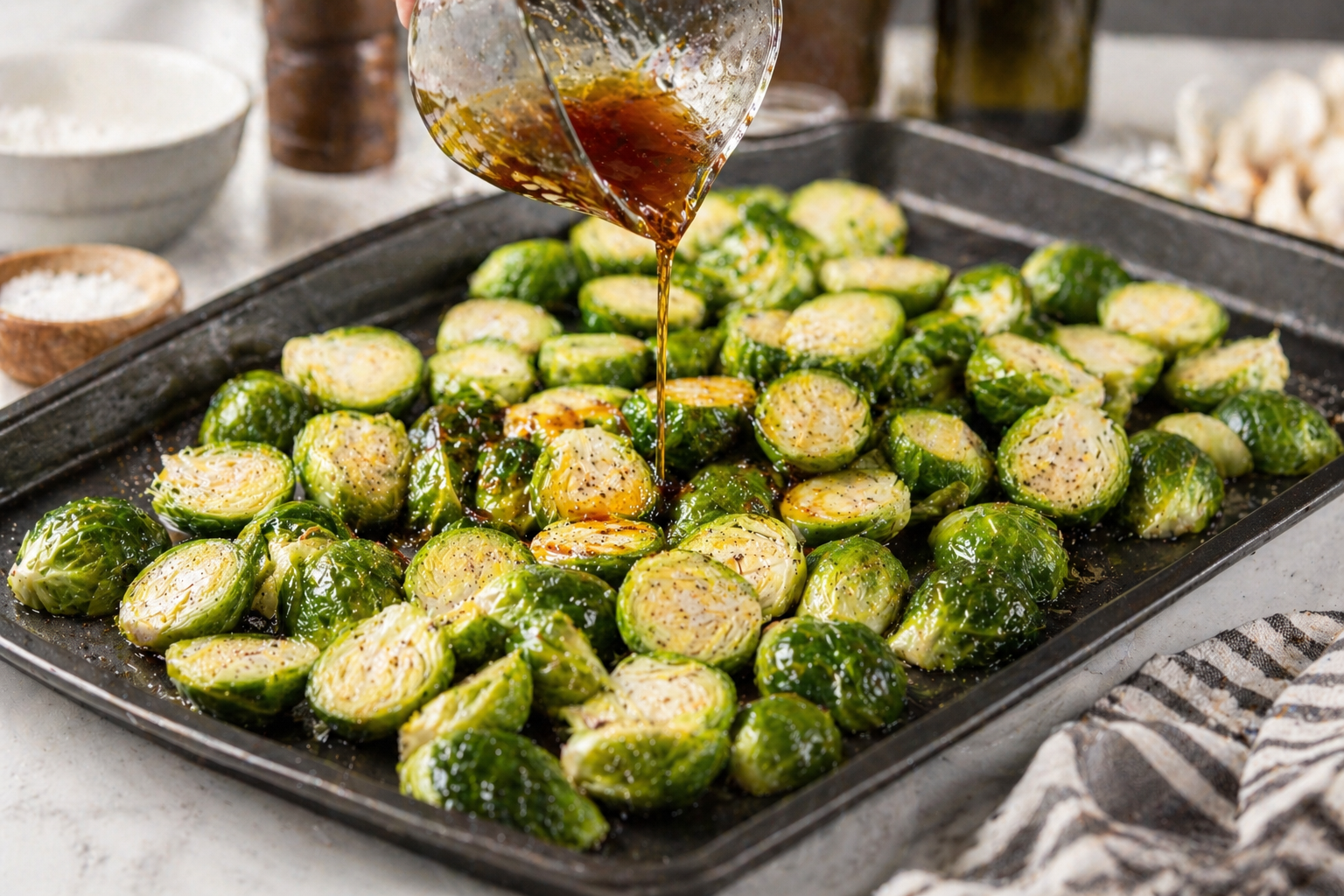 Fresh Brussels sprouts halved and ready for roasting with maple glaze ingredients