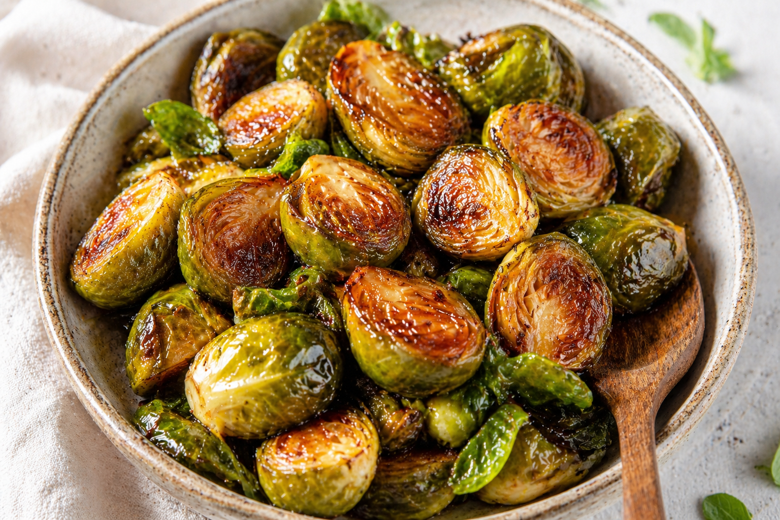 Maple roasted Brussels sprouts with crispy edges on a baking sheet