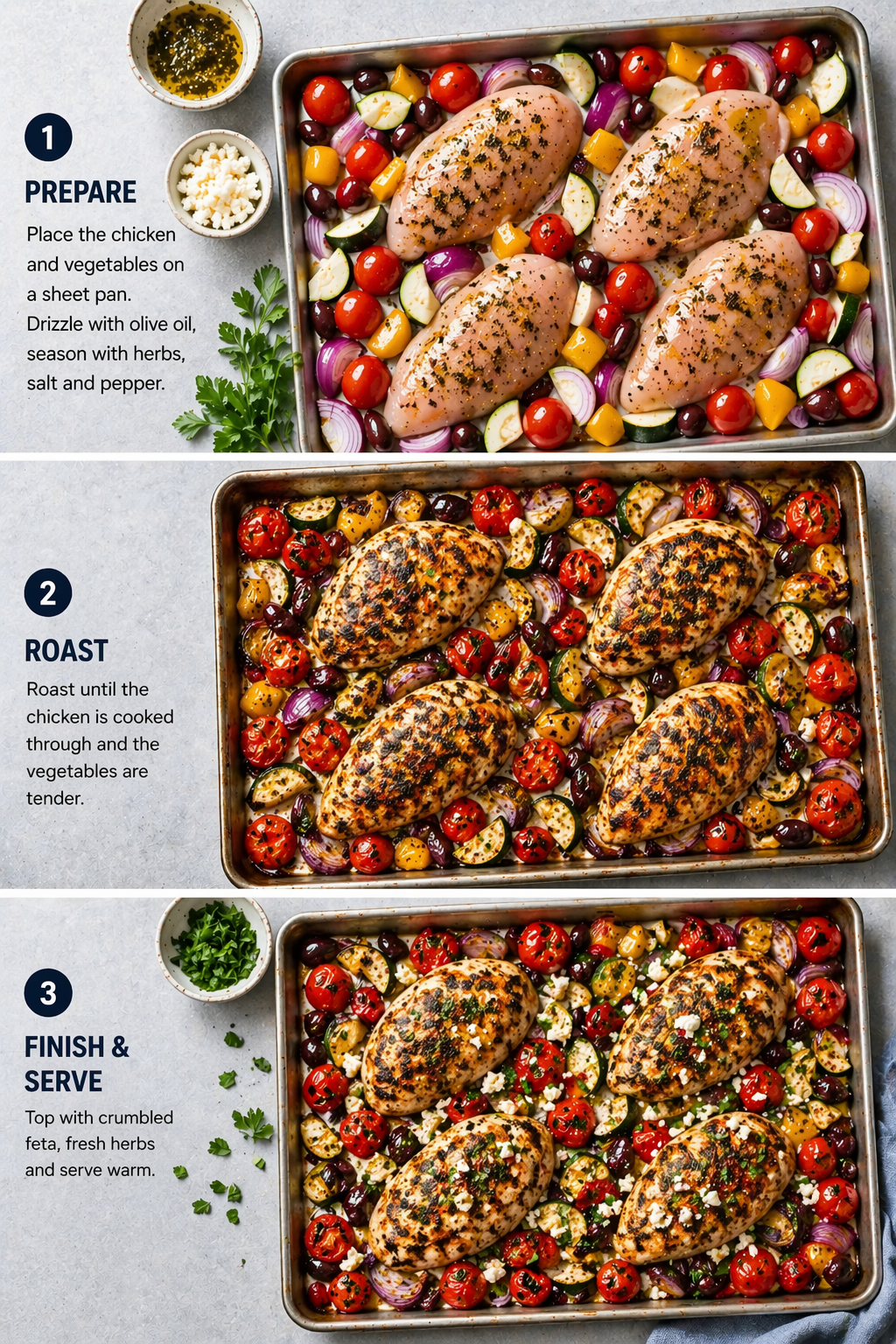 Sheet pan Mediterranean chicken garnished with fresh herbs and feta