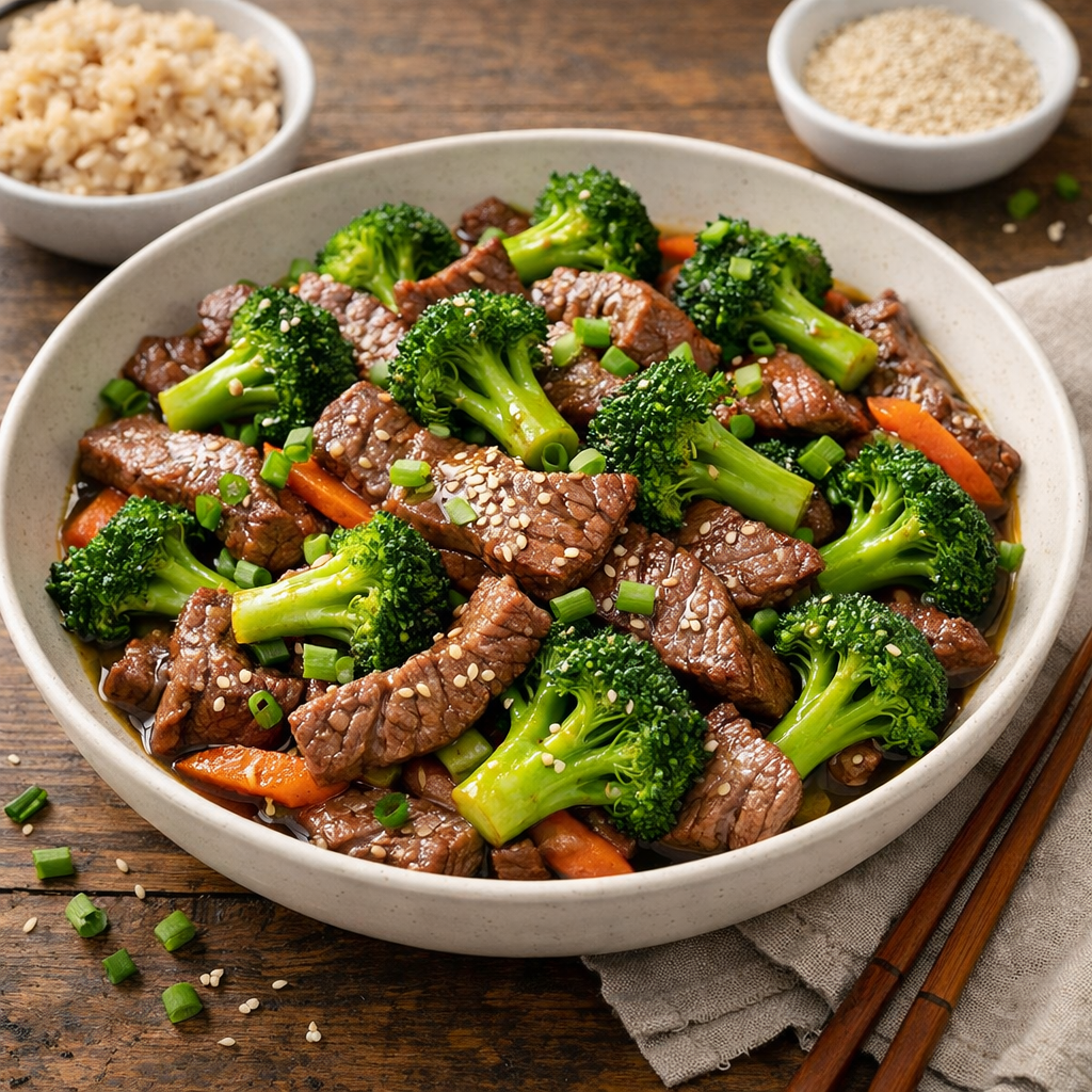 Beef and broccoli stir-fry with glossy brown sauce over rice