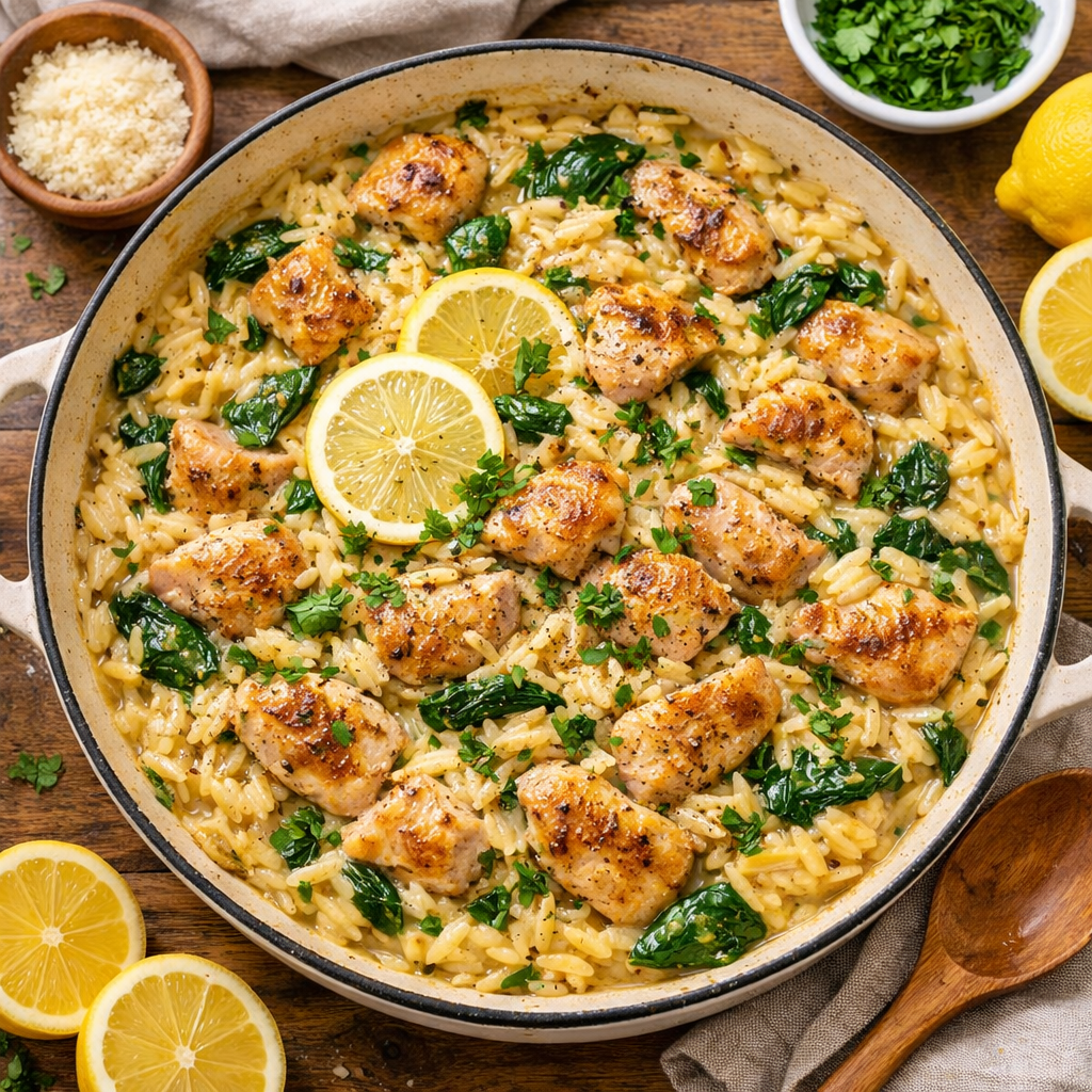 One-pot lemon chicken orzo with spinach and parmesan